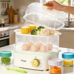 Electric 2-Tier Food Steamer for Cooking, Rapid Egg Cooker, Stackable Steam Cooker for Baby Food Meal Prep, Quick Healthy Vegetable Cooking, BPA-Free with 30-Min Timer, 3 Containers & 1 Spoon Included