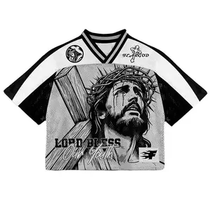 Streetwear Cropped Mesh Football Jersey V Neck Black White Lord Bless Jesus Print Unisex Summer Casual Sport Oversized Loose Fit Breathable Short Sleeve Athletic