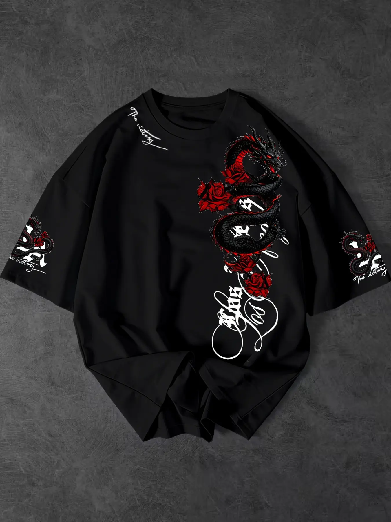 Men's Dragon Rose Casual Printed Short Sleeve T-Shirt, Classic Round Neck, Loose Fit, Street Style, Streetwear, Menswear, Casual, Versatile Fashion Top for All Ages