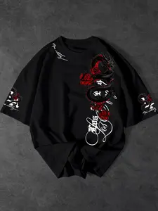 Men's Dragon Rose Casual Printed Short Sleeve T-Shirt, Classic Round Neck, Loose Fit, Street Style, Streetwear, Menswear, Casual, Versatile Fashion Top for All Ages