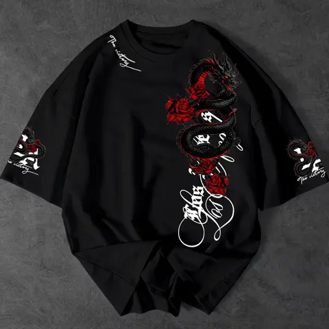 Men's Dragon Rose Casual Printed Short Sleeve T-Shirt, Classic Round Neck, Loose Fit, Street Style, Streetwear, Menswear, Casual, Versatile Fashion Top for All Ages