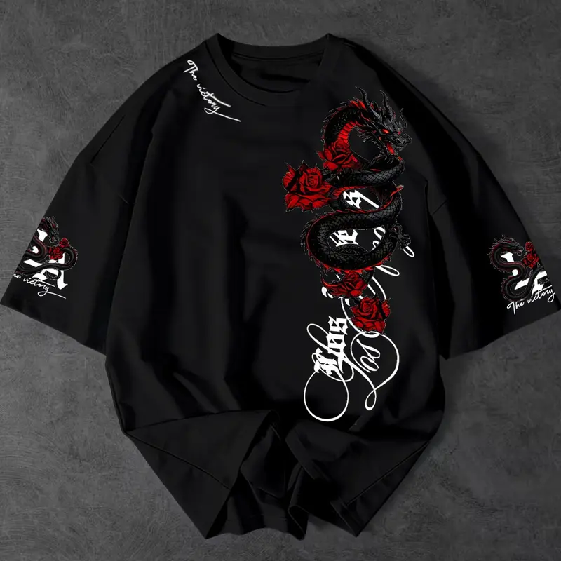 Men's Dragon Rose Casual Printed Short Sleeve T-Shirt, Classic Round Neck, Loose Fit, Street Style, Streetwear, Menswear, Casual, Versatile Fashion Top for All Ages