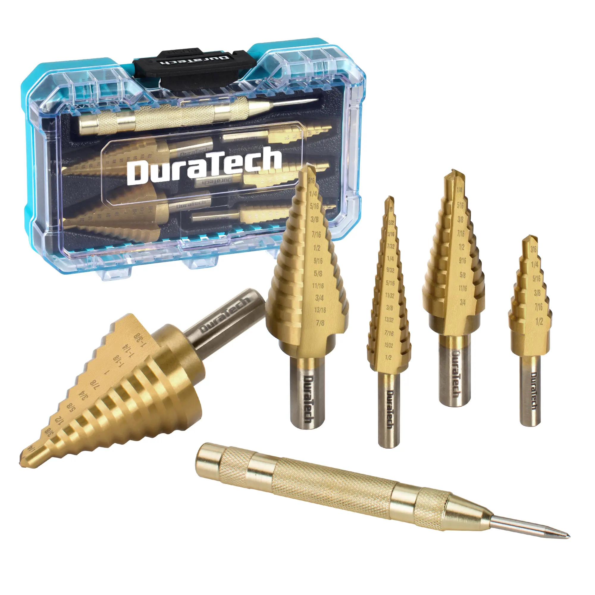 #fathersdaygift DURATECH 6-Pack Step Drill Bit Set with Automatic Center Punch, 50 Sizes in 5 High Speed Steel, Titanium Coated, Double Flute Cutting Blades Step Drill Bits for Metal, with Storage Case