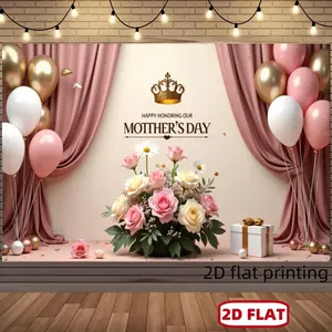 2D Flat, 2D Flat - 2D Flat, 2D Flat - Single 2D Flat Banner for Mother'S Day Made of Polyester, Featuring a Design with Crowns, Flowers, Balloons, And Gift Boxes, Perfect for Home Decoration, Room Decor,