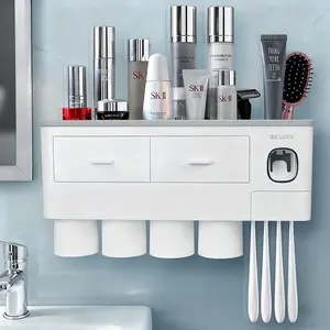 2-4Cups Toothbrush Holders with Toothpaste Dispenser,  Toothbrush Holder Wall-mounted Bathroom Decor Organizer Organizing Decorative