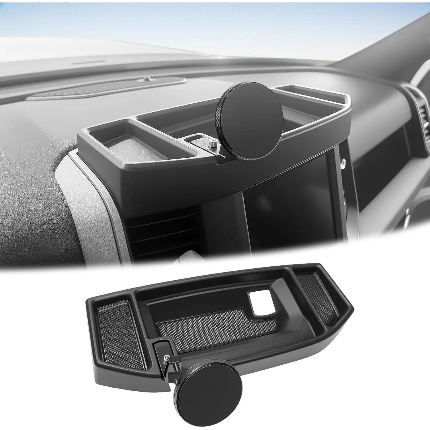 2-in-1 Dashboard Phone Mount & Center Console Organizer Tray for 2019-2026 Ram 1500/2500/3500, 5-inch/8.4-inch Screen Compatible, 12V Outlet Part, Easy Installation Dodge Ram 2025 Accessories, Car Entertainment Screen Bracket Mounts & Holders, Lcd Screen