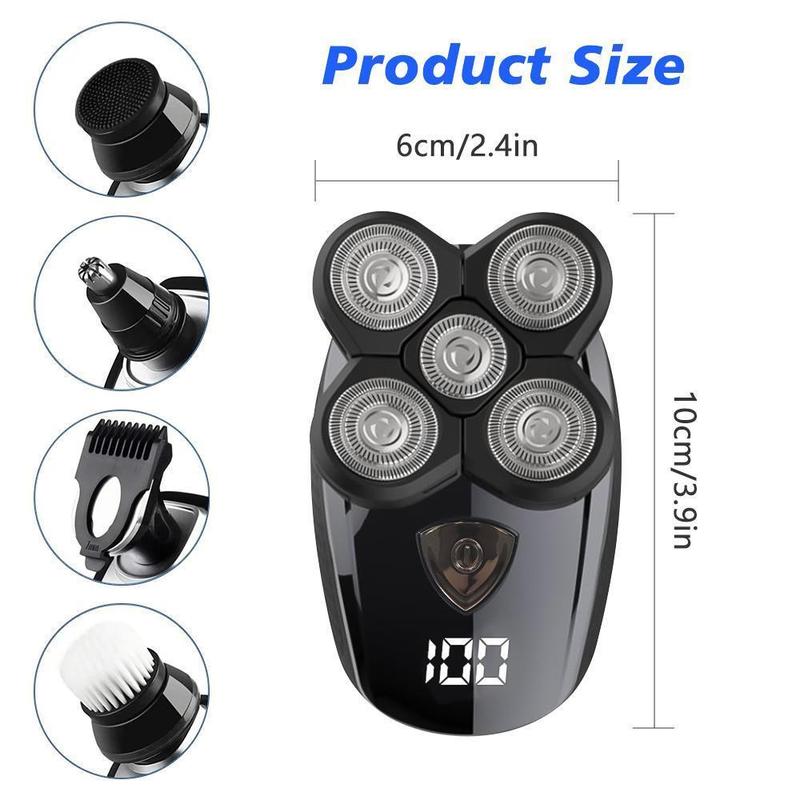 Rechargeable Bald Head Hair Beard Trimmer Razor Wet Dry, 5 in1 Head Shavers for Bald Men, Detachable Cordless Shaver, 5D Electric Razor Waterproof for Bald Men, Wet/Dry LED Display Rechargeable Rotary Shaver Grooming Kit,
