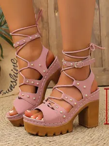 Women's Multi-Scene Rivet Strap Chunky Heel Sandals, Open-Toe Waterproof Platform Shoes, Anti-Slip Comfortable All-Season, Retro Music Festival Friendly, Wide Foot Friendly