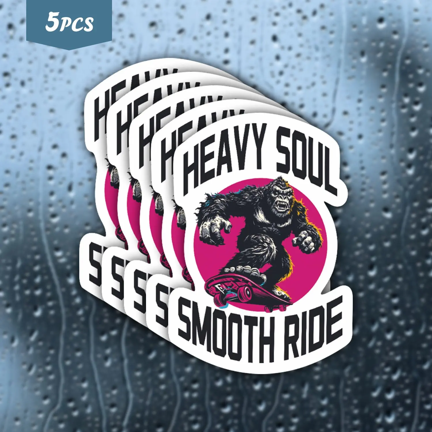 5Pcs Skate Gorilla "Heavy Soul, Smooth Ride" Waterproof Vinyl Sticker, Self-Adhesive Decal, Suitable For Skateboard Fans, Street Style Enthusiasts And Individuality Seekers