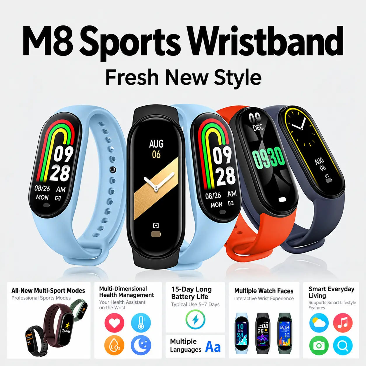 M8 Smart Fitness Tracker for Men and Women, Heart Rate Monitor, Sleep Tracking, Step Counter, Activity Tracking, Digital Display Sports Wristband for Daily Fitness,home ecg device