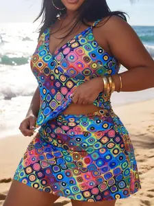 Women's Plus Size Geometric Print Halter V-Neck Vibrant Tankini Swimwear Set, Slim Fit, Perfect for Beach, Pool, and Sea, New European Style Swimsuit