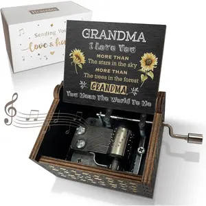 Sunflower Music Box Gifts for Grandma,Best Grandma Birthday Gift,You are My Sunshine Hand Crank Engraved Wooden Musical Boxes Christmas for Grandmother Black