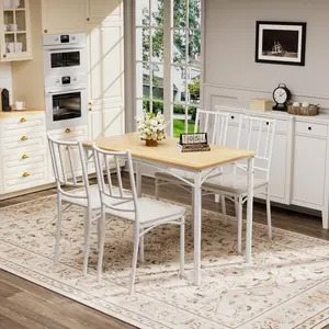Dining Table Set, Bar Table with 4 Dining Benches, Kitchen Table Counter with Chairs, Industrial for Kitchen Breakfast Table, Living Room, Party Room, Natural and White, 43.3″L x23.6″W x 30.1″H