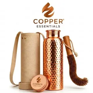 100% Pure Copper 32 Oz Large Hammered Insulated Water Bottle with Pocket Canvas Bag & Cleaning Brush - Hydrating, Leak-Proof, BPA Free, Classic Design - Drinkware, Aesthetic