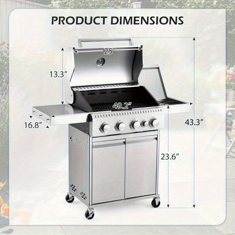4-Burner Propane Gas Grill with 42, 000 BTU - Stainless Steel Body, Heavy-Duty Cast Iron Grates & Side Burner (Versatile Cooking), Silver Finish, Perfect for Patios/Backyards/Camping