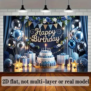2D Flat, 1pc Large Blue Sparkling Birthday Banner with Balloons & Happy Birthday Lettering - Glittery Party Backdrop Decoration for Indoor/Outdoor Parties, Christmas, Halloween, Thanksgiving - Durable Polyester Fabric Wall Hanging for Home, Office, Room