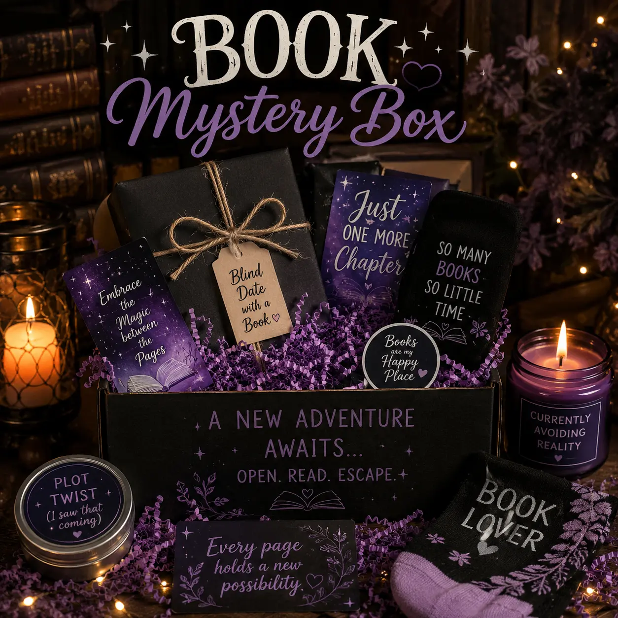 Mystery Book Box - Literature & Art Novel Gift Set with Carefully Selected Book, Fantasy-Romance Themed Magical Accessories, Exclusive Goodies for Adventure-Focused Readers