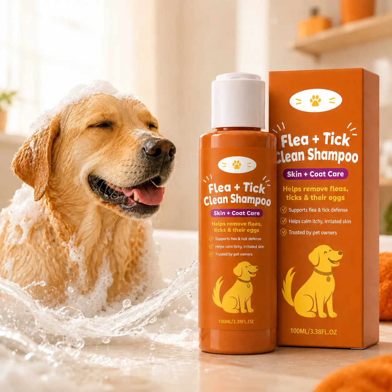 Pet Flea & Tick Shampoo, Gentle Daily Cleansing and Odor Care, Keeps Fur Smooth and Fluffy, Portable Grooming Wash for Dogs