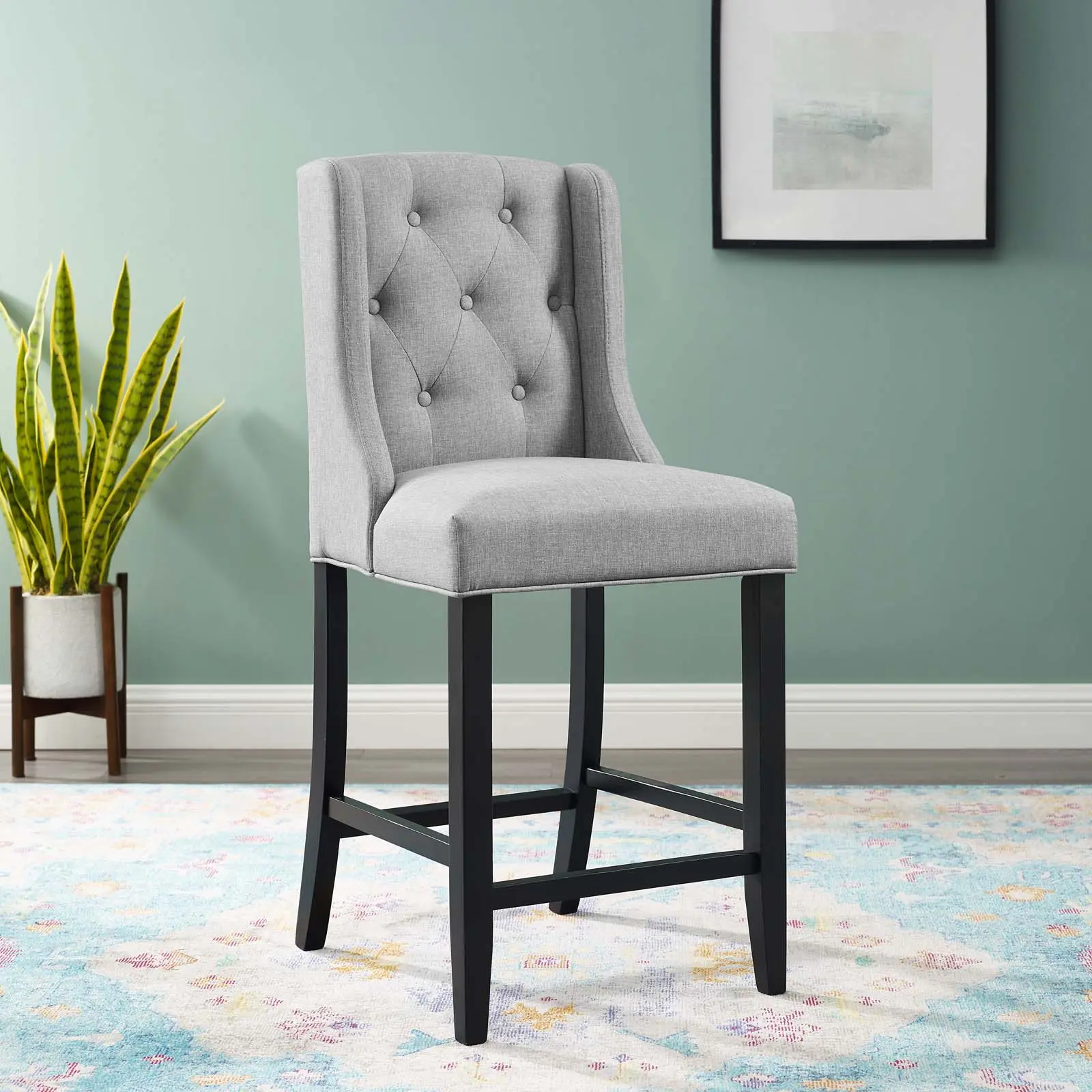 Modway Baronet Tufted Button Upholstered Fabric Counter Stool in Light Gray