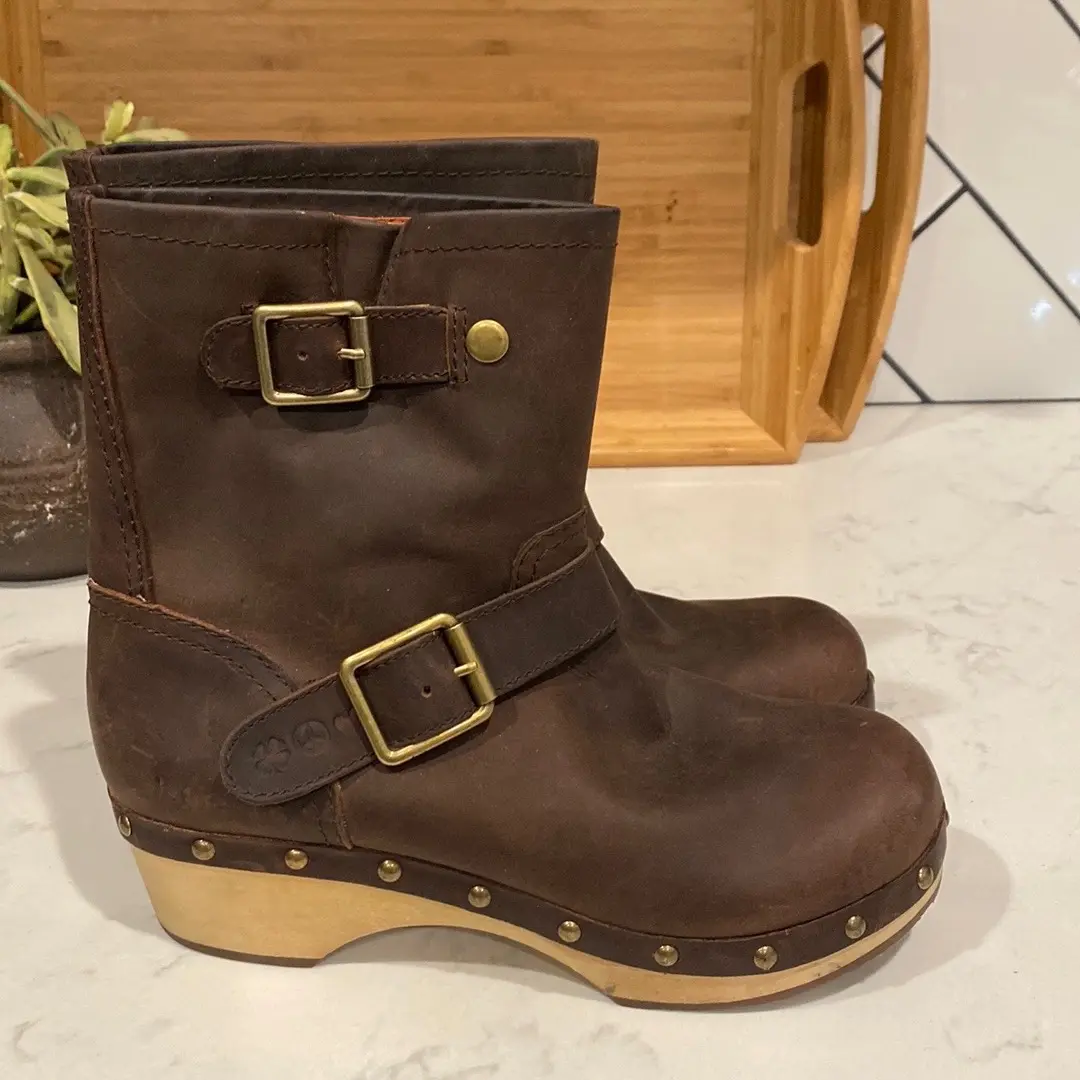Lucky Brand Lexi leather Clog bottom pull on boots brown bohemian western winter