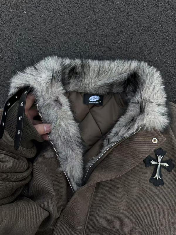 Unisex American Vintage Faux Fur Trim Mountain Carved Cotton Jacket, fleece lining + faux fur trim design + metal button decoration + cross embroidery + side zipper pocket + durable fabric construction, perfect for commuting or everyday street style, prov