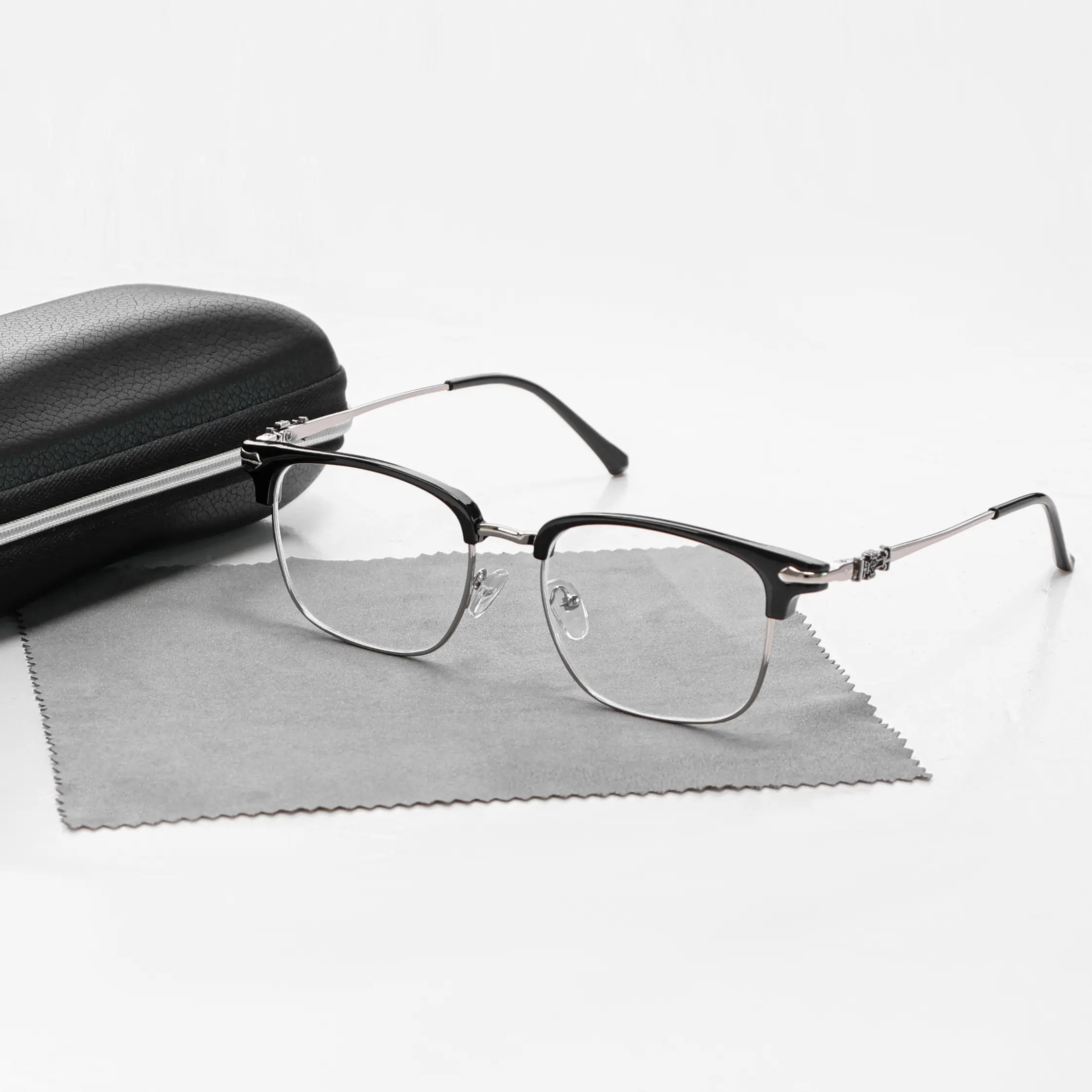 Men's Anti-Blue Light Semi-Rimless Browline Glasses - Lightweight Alloy Frames, Blue Light Blocking Lenses, Stylish Square Minimalist High-Quality Casual Eyewear, Accessory, Adult Gift, Glass Cleaner, Glasses Blue Light
