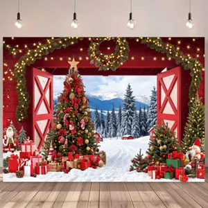 Christmas Barn Backdrop Banner 1pc, Vinyl Winter Snow Forest Scene with Xmas Tree & Decorations, Festive Party Portrait Photography Background, No Power Needed, No Feathers, General Fit Ornaments