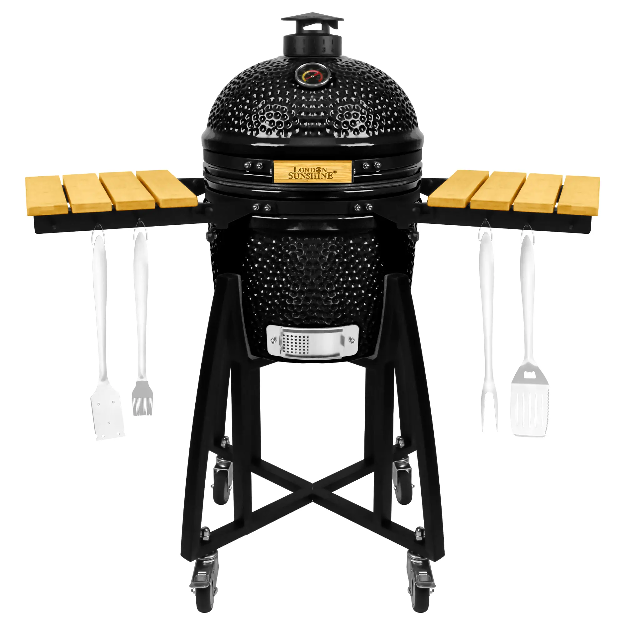 London Sunshine 15-inch Ceramic Kamado Charcoal BBQ Grill & Smoker with Locking Casters, Foldable Side Shelves, Stainless Steel Grates, and Tall Stand Black