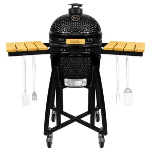 London Sunshine 15-inch Ceramic Kamado Charcoal BBQ Grill & Smoker with Locking Casters, Foldable Side Shelves, Stainless Steel Grates, and Tall Stand Black