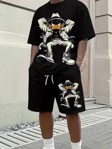 Men's Cool Cartoon Duck Print Short Sleeve T-Shirt and Shorts Set – Casual Streetwear Two-Piece Outfit