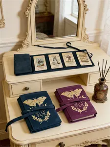 1pc Velvet Tarot Card Storage Bag, Printed With A Gold Butterfly And Moon Pattern, - Two-Tone Blue And Purple, With A Drawstring Closure, Soft Fabric Protective Cover, Portable Bag, Card Holder