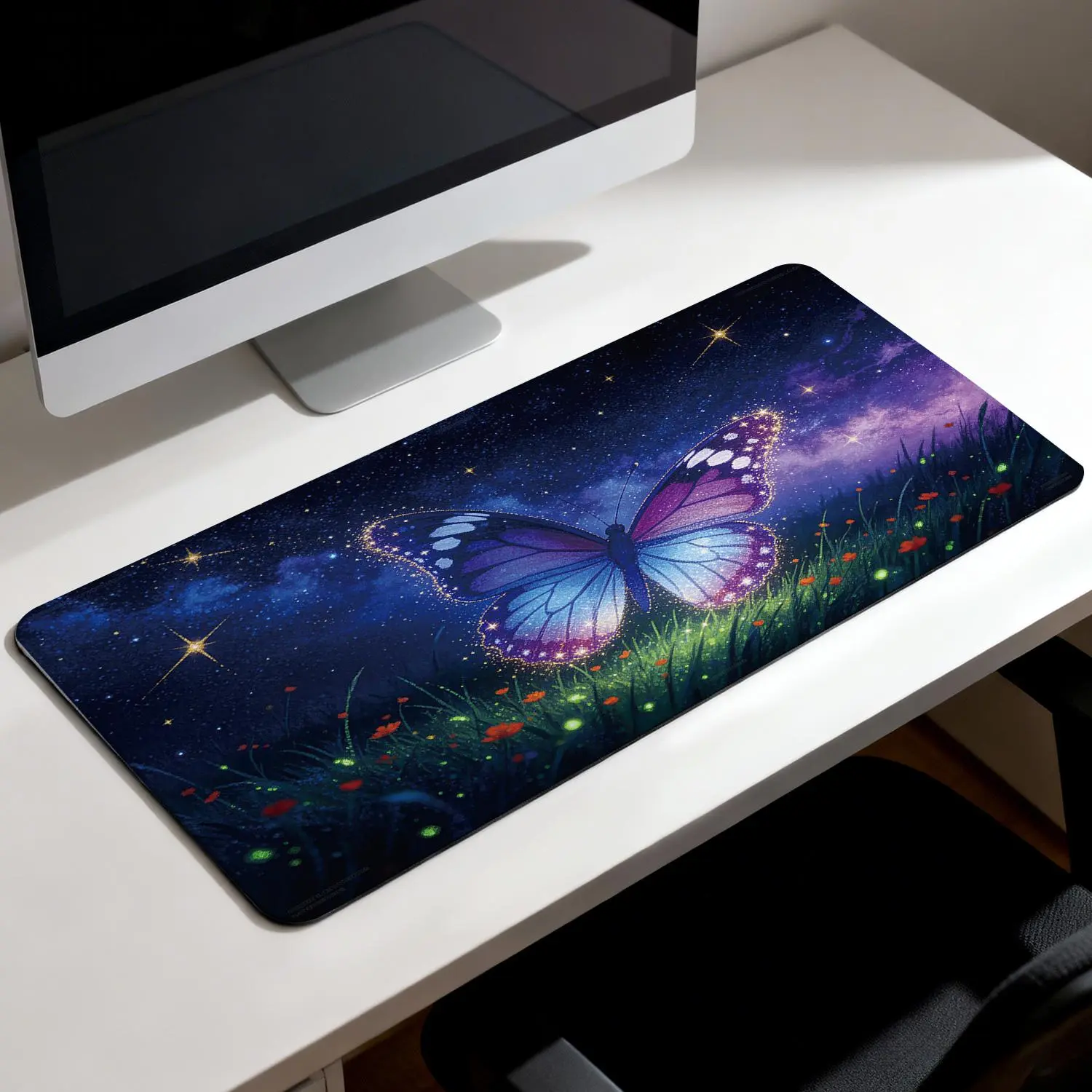 LIVEKEY Large 80x40cm Glow in the Dark Butterfly Galaxy Mouse Pad - Plastic, Non-Slip Rubber Base, Edge-Sewn Durable Surface, Smooth Glide for Laptop, Pink Gaming Keyboard Mouse Pads, PC Work & Play Desk Mat