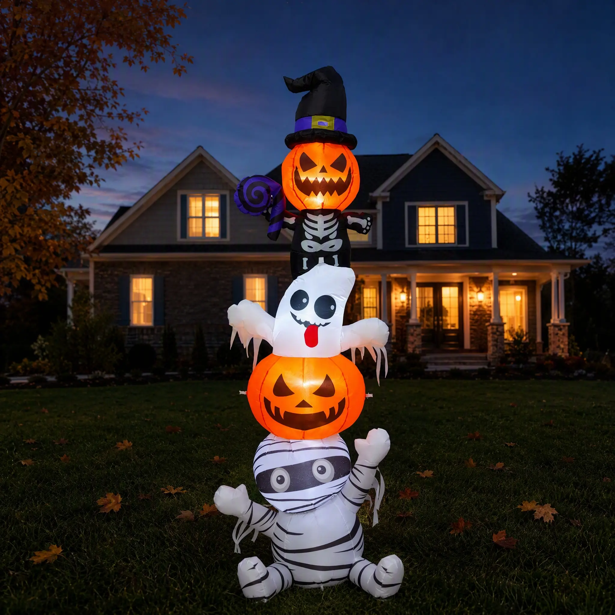 6-Foot Halloween Inflatable Stacked Pumpkin Mummy Ghost, LED Lighted Inflatable Yard Decor for Outdoor Lawns, Gardens, and Holiday Party Scenics