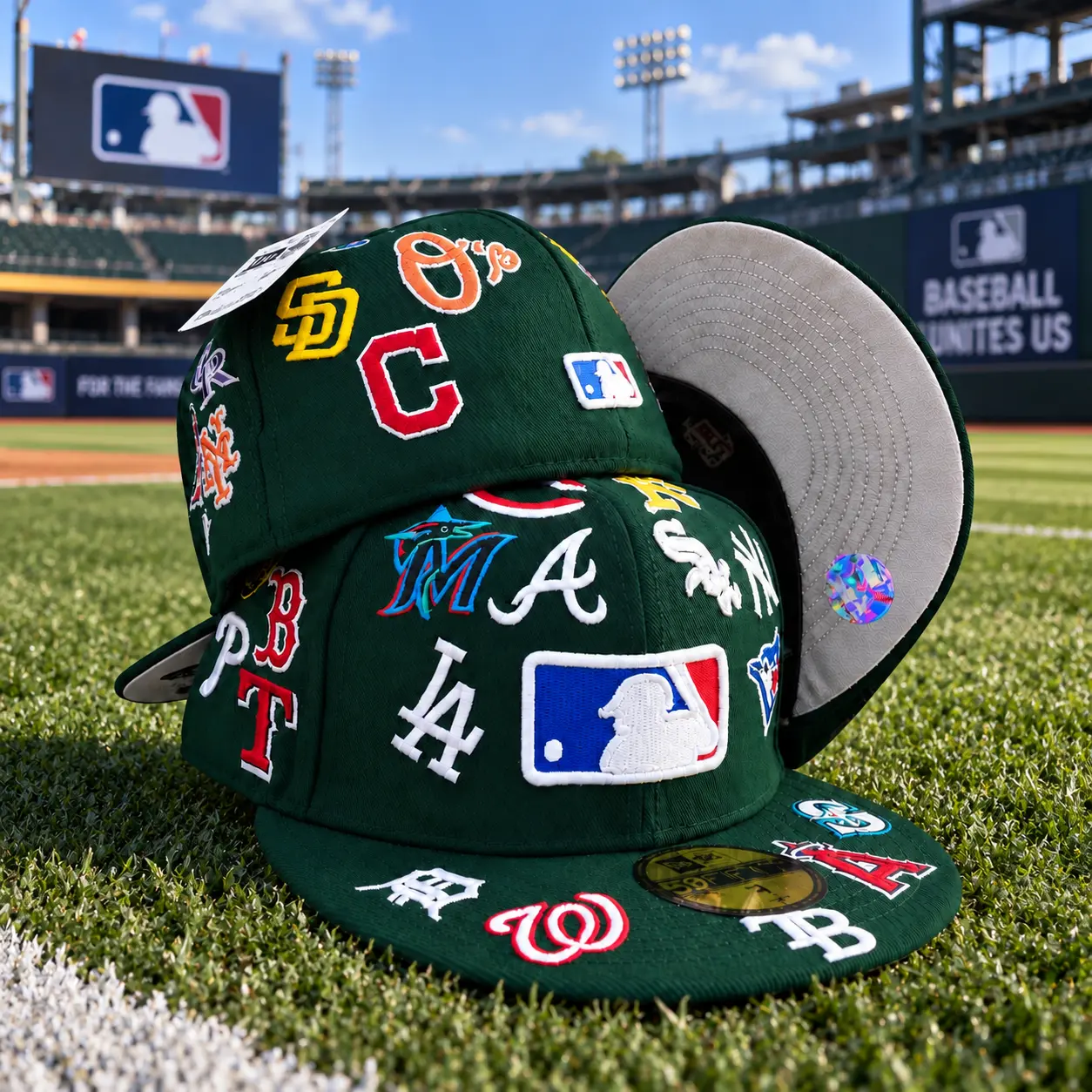 MLB All Over Logo 59FIFTY Fitted Hat – Green Embroidered Baseball Cap, Flat Brim Streetwear Hat