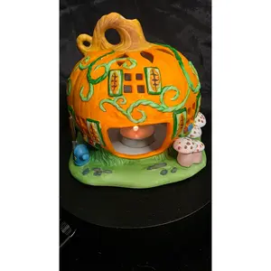 PartyLite “Pumpkin Patch Cottage” Ceramic Tealight Holder – Retired Collectible Autumn Pumpkin House with Original Box