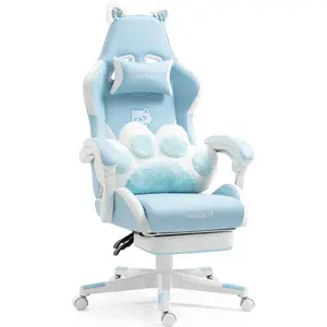Cat Ears Gaming Chair - Ergonomic PU Leather Office Chair, Cute Chair with Footrest for Adult 310lbs Capacity, 90°-155° Reclining paw Pillow, Blue