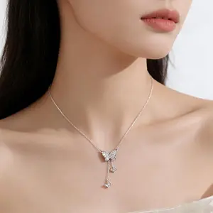 S925 pure silver women's shiny fringed butterfly pendant necklace, elegant and luxurious, equipped with synthetic zirconia, suitable for daily occasions, vacations, Christmas as a women's jewelry gift cinna moon bar