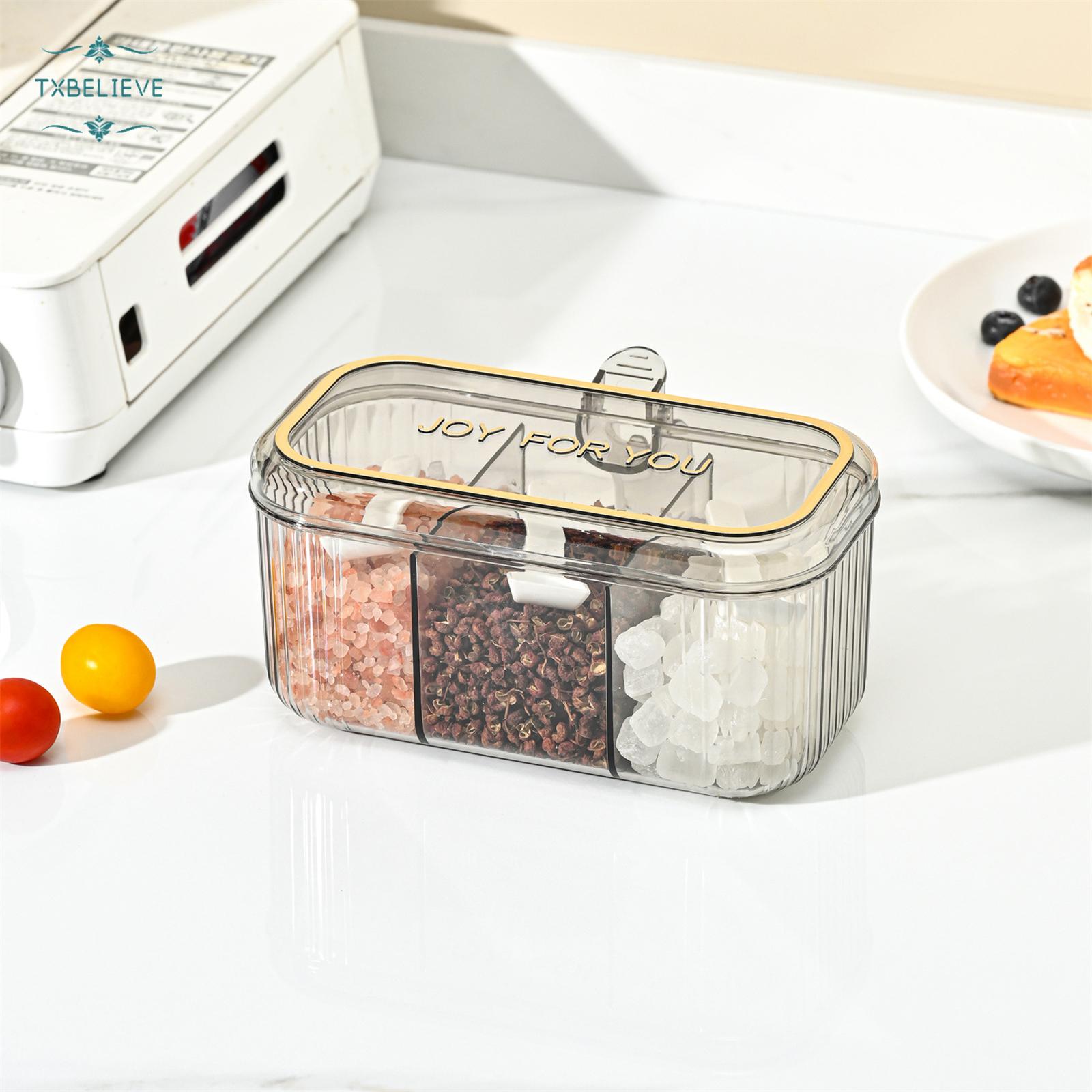 Kitchen 3-Compartment Seasoning Box with Lid — Simple & Fresh Home-Use Divided Container for Salt, MSG, Chicken Essence, and Spices
