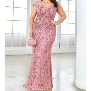 High Quality Elastic Sequin V-Neck Collar Slim Fit Mermaid Hem Solid Color Elegant Luxury Ladies Evening Dress