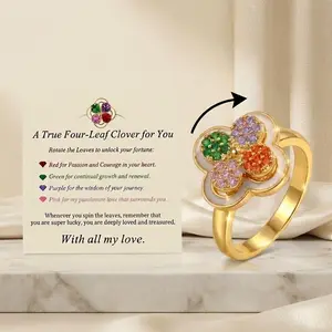 NBR5 1pc Adjustable CZ Four-Leaf Clover Spinner Ring for Women – Gold Plated Anxiety Relief Fidget Ring with four colors,Perfect Gift for Women, Girls, Friends, Sisters, Includes Gift Box & Inspirational Card (Birthday)