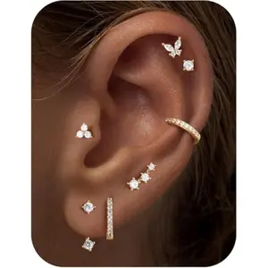 Hypoallergenic Earring Jacket Stacks - 7 Pairs 14K Gold Plated Flat Back Earrings Dainty Huggie Hoop Cartilage Helix Earring Jacket, Fashion Accessories Western Jewelry Gifts