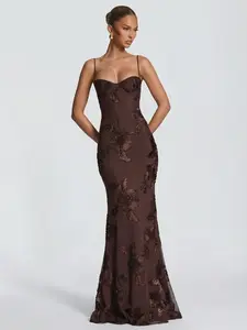 LikeMyChoice Women's Solid Color Lace Backless Tie Up Bodycon Maxi Dress Sheer Embroidery Evening Party Dress
