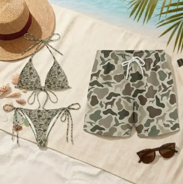Retro Duck Camo Matching Couple Swimwear Set,Women’s Bikini Two Piece & Men’s Shorts,Vintage Hunting Camouflage Swimwear,Couple Beach Outfit