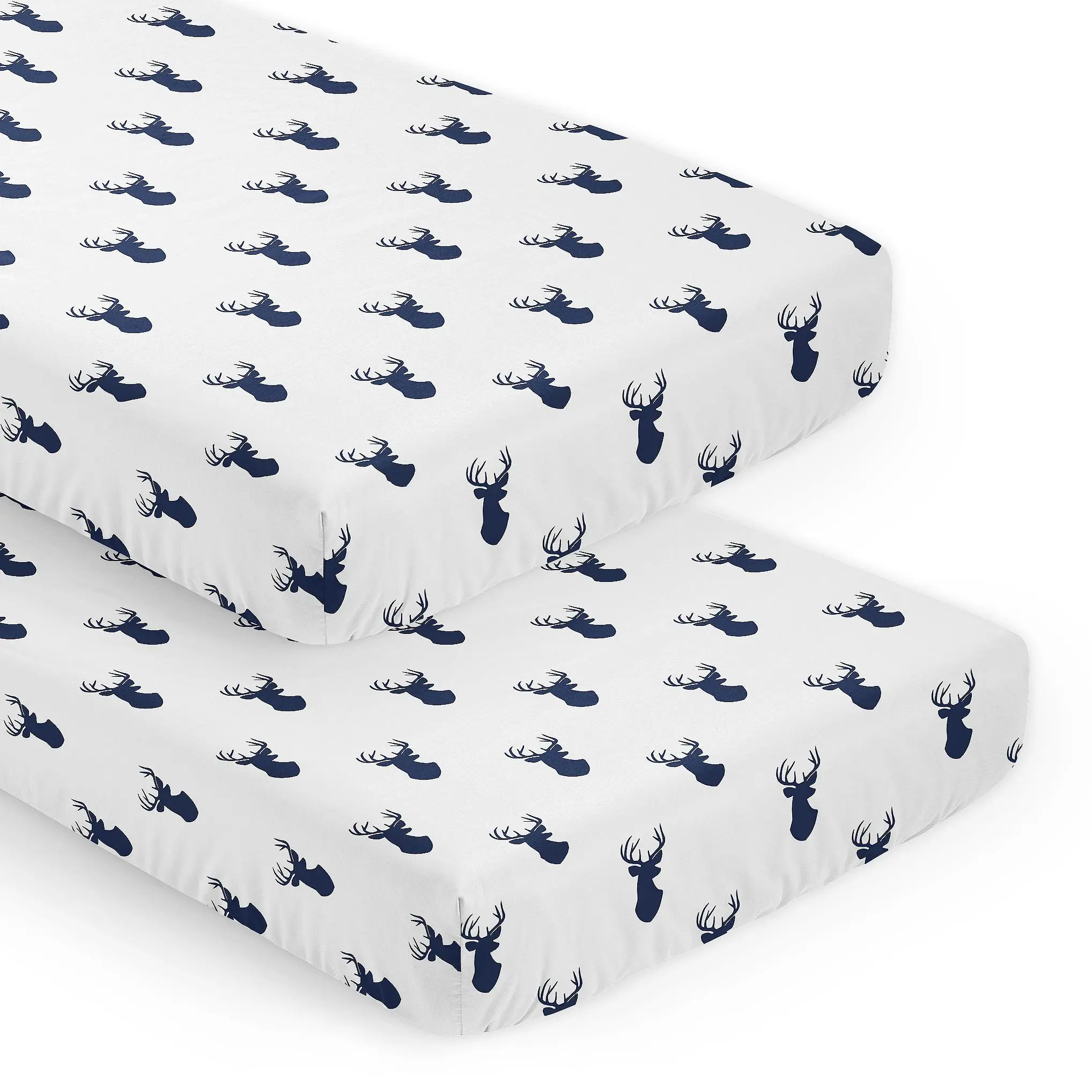 Sweet Jojo Designs 2-Piece Baby Crib Sheets Set (Woodland Deer) for Boys, Infant Nursery, Toddler Room -Fitted, Standard Size (Classic, Forest Animal, Stag, Antler, Minimalist, Navy Blue and White)