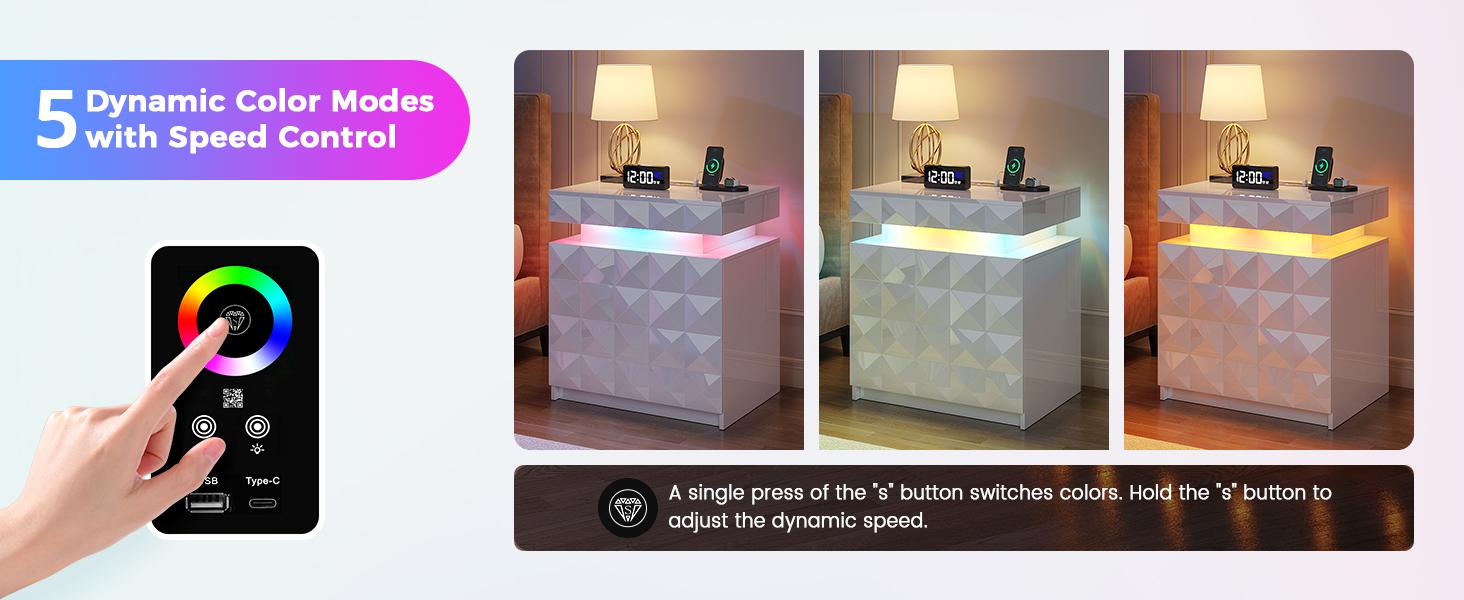 Dystler LED Nightstand Set of 2 with Charging Station,3 Drawers Night Stand with Lockable Hidden Storage,Smart Bedside Table with Human Sensor RGB Lights for Bedroom,white