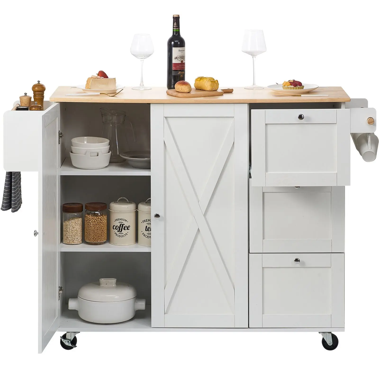 Kitchen Island Cart with Solid Wood Top, 45.3" Width Mobile Carts with Storage Cabinet, Rolling Kitchen Table with Spice Rack, Towel Rack, White