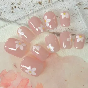 Peach Blossom | 10 PCS Short Square Handmade Press On Nails, Light Pink Small Flower Gentle Press On Nails, Light Pink Translucent Glossy Base, White Yellow Core Painted Decoration, Sweet Girl Daily Commuting Nail Set