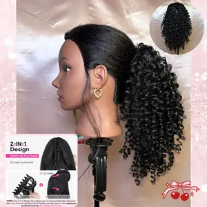 Water Wave Synthetic 2 in 1 Claw Clip Drawstring Ponytail Natural Black