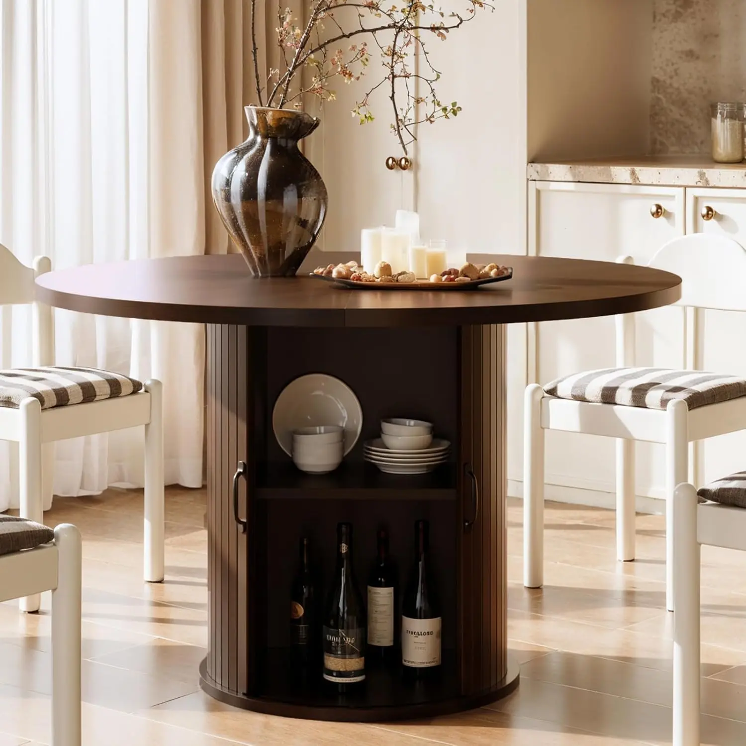 47 Inch Round Dining Table for 4 Seater, Modern Fluted Circle Table with 2-Tier Storage & Sliding Door, Farmhouse Kitchen Living Room Dinner Table,