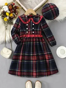 Kids Girls Dress Princess Plaid Lapel Long Sleeve Button Down Dresses Autumn Ruffles Hem Dress with Hat